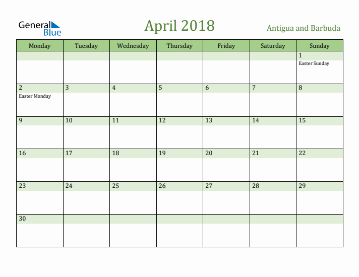 April 2018 Calendar with Antigua and Barbuda Holidays