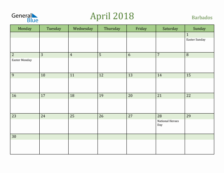 April 2018 Calendar with Barbados Holidays