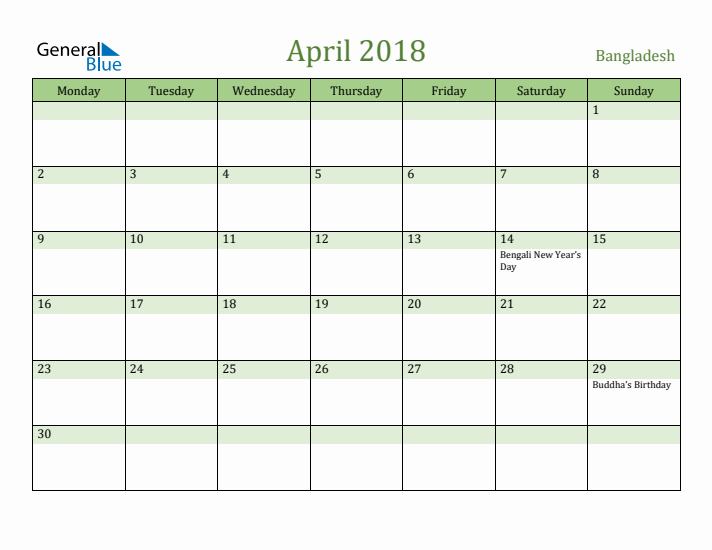 April 2018 Calendar with Bangladesh Holidays