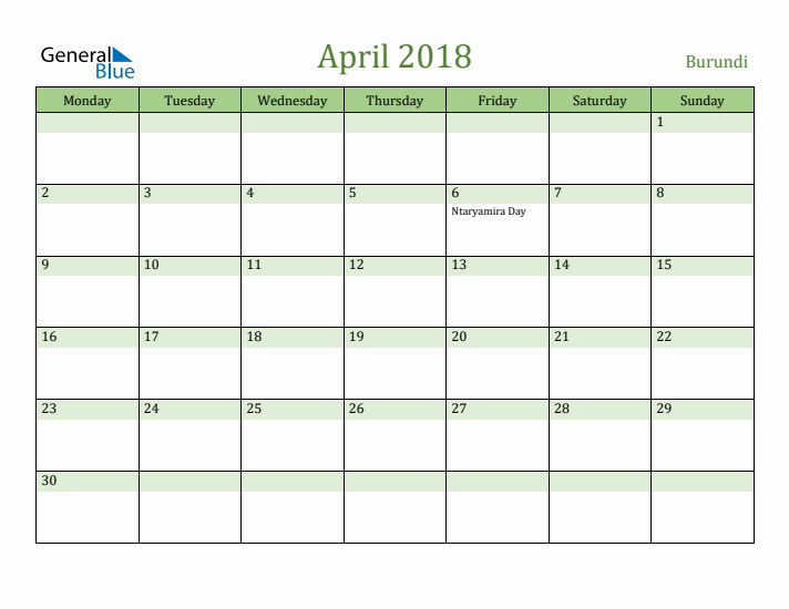 April 2018 Calendar with Burundi Holidays