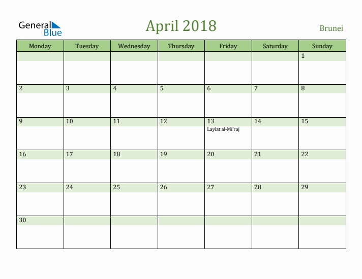 April 2018 Calendar with Brunei Holidays
