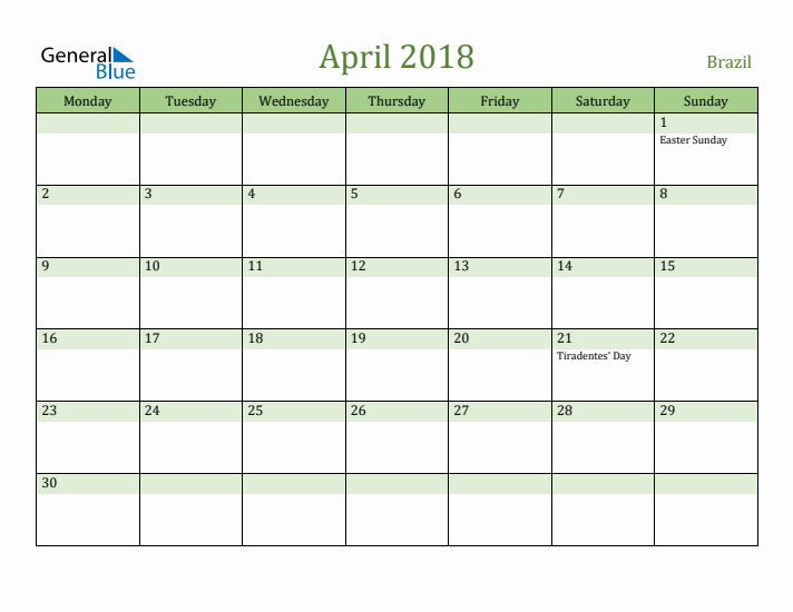 April 2018 Calendar with Brazil Holidays