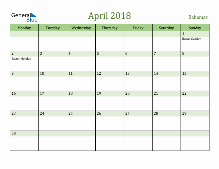 April 2018 Calendar with Bahamas Holidays