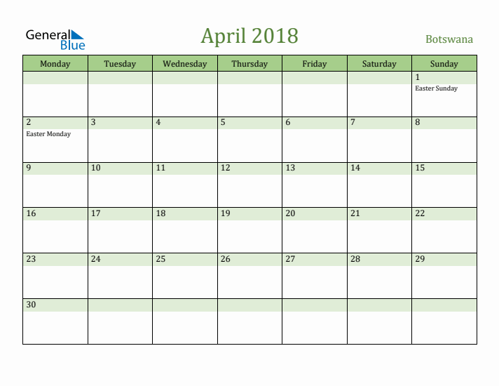 April 2018 Calendar with Botswana Holidays