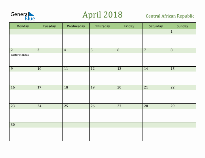 April 2018 Calendar with Central African Republic Holidays