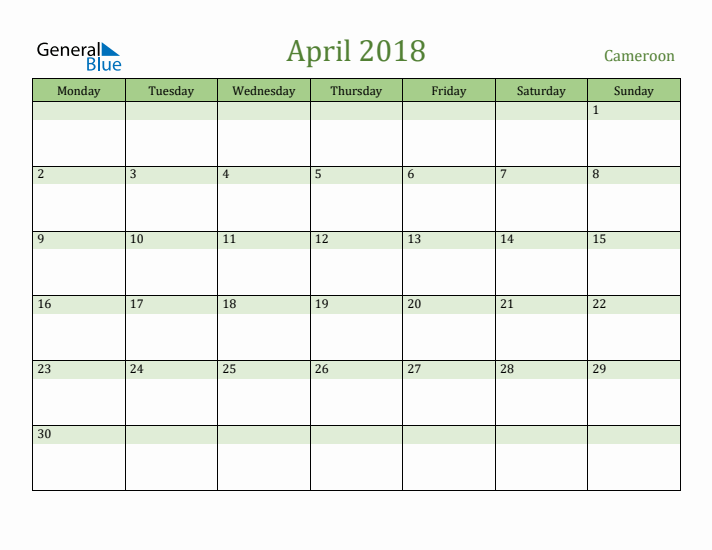 April 2018 Calendar with Cameroon Holidays