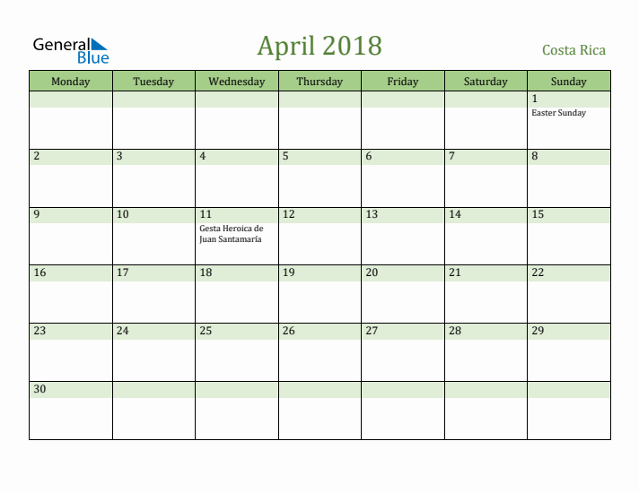 April 2018 Calendar with Costa Rica Holidays