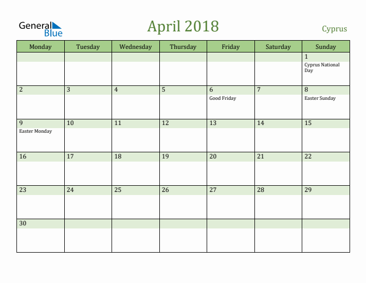 April 2018 Calendar with Cyprus Holidays
