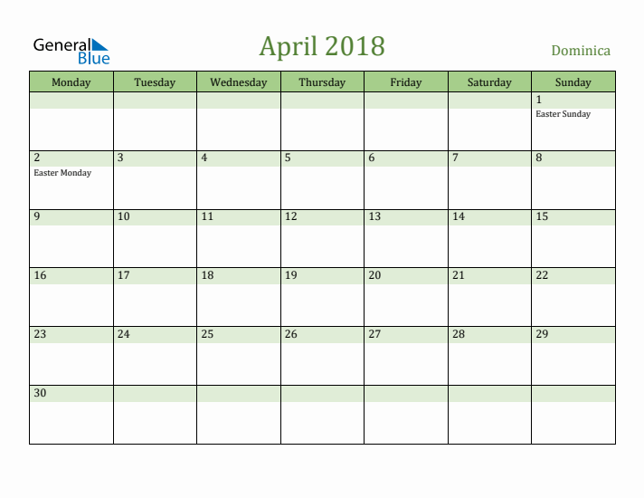 April 2018 Calendar with Dominica Holidays