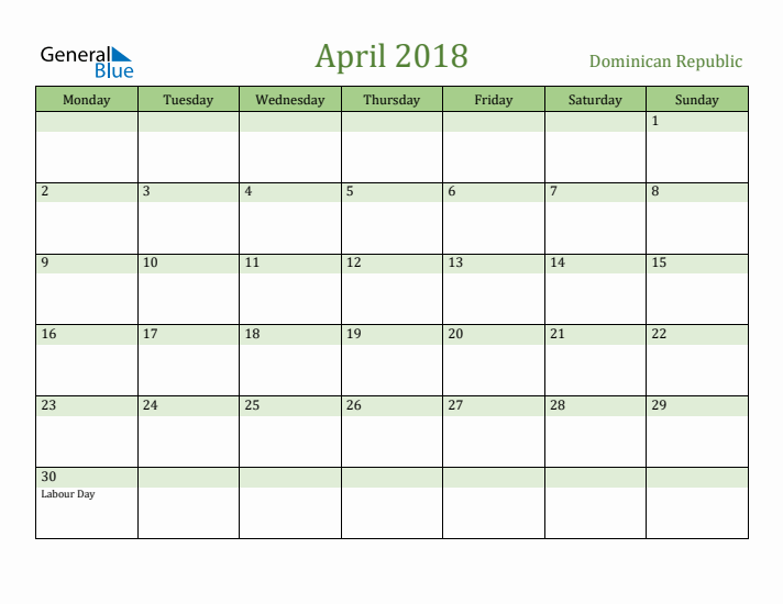 April 2018 Calendar with Dominican Republic Holidays