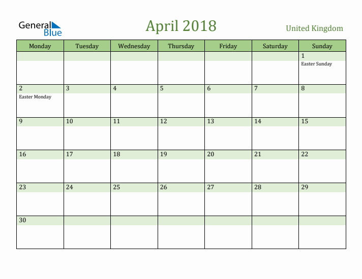 April 2018 Calendar with United Kingdom Holidays
