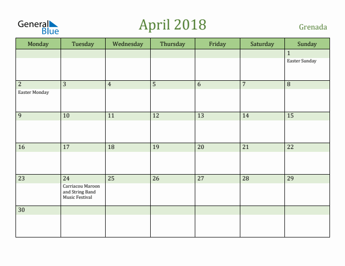 April 2018 Calendar with Grenada Holidays