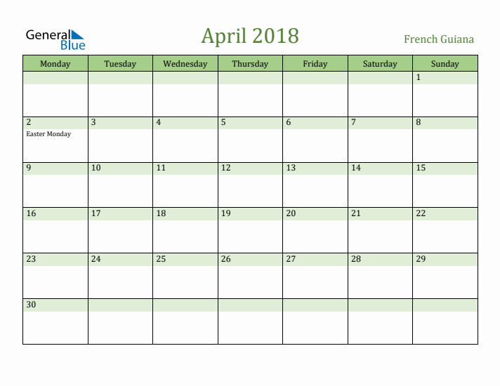 April 2018 Calendar with French Guiana Holidays