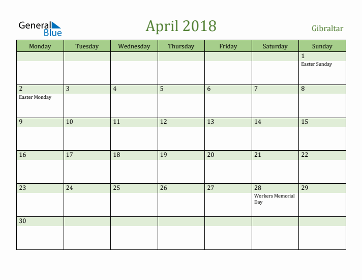 April 2018 Calendar with Gibraltar Holidays
