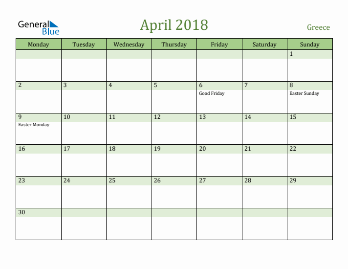 April 2018 Calendar with Greece Holidays