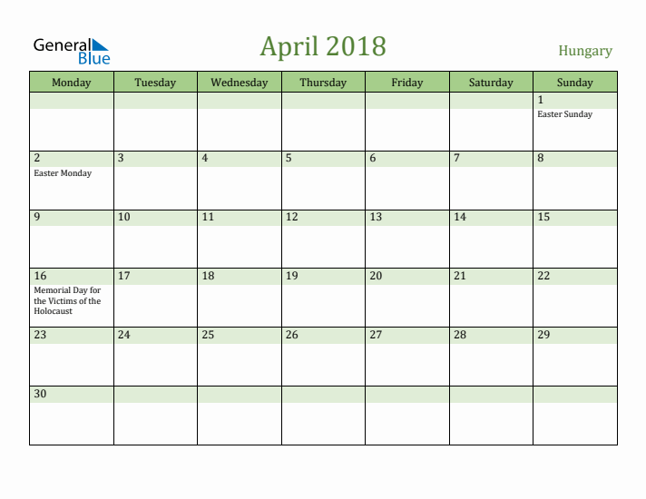 April 2018 Calendar with Hungary Holidays