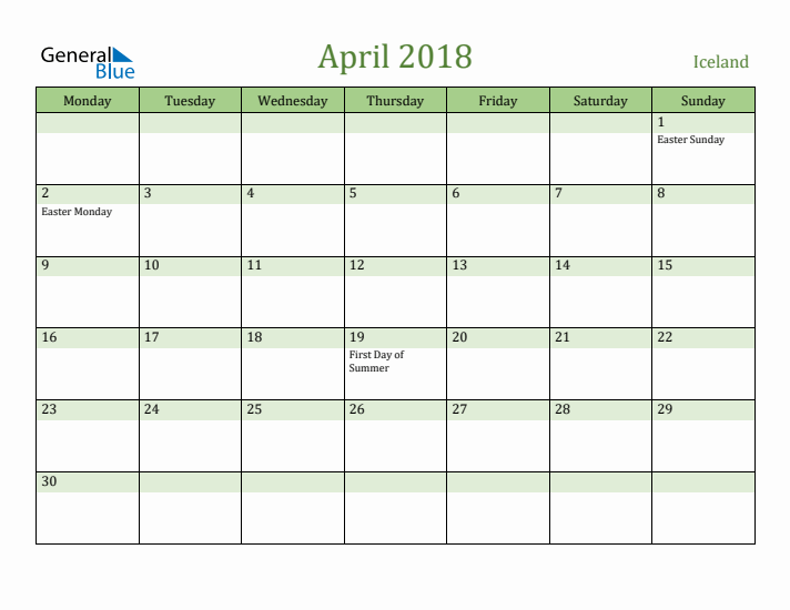 April 2018 Calendar with Iceland Holidays