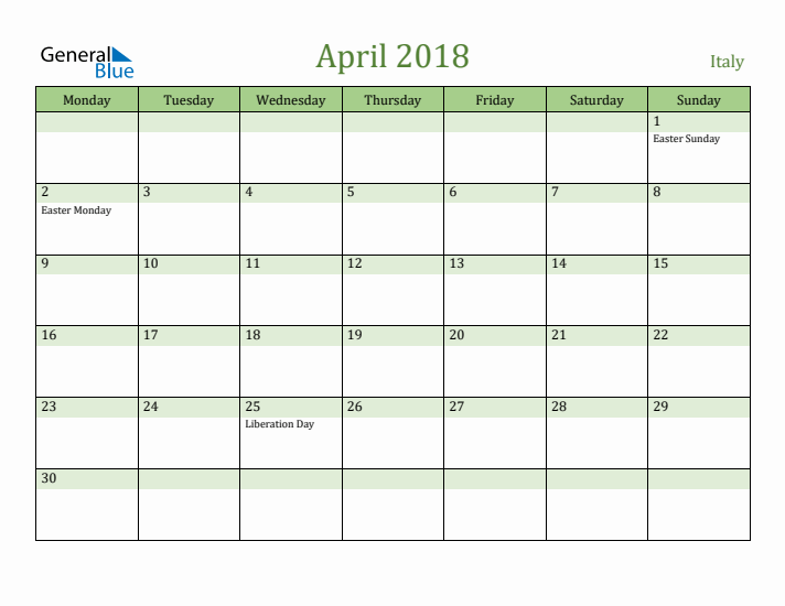 April 2018 Calendar with Italy Holidays