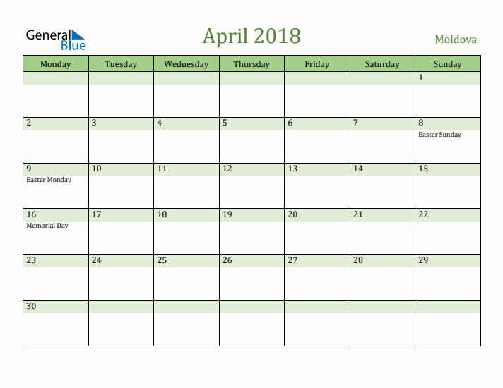 April 2018 Calendar with Moldova Holidays