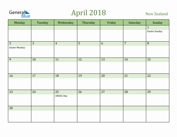 April 2018 Calendar with New Zealand Holidays