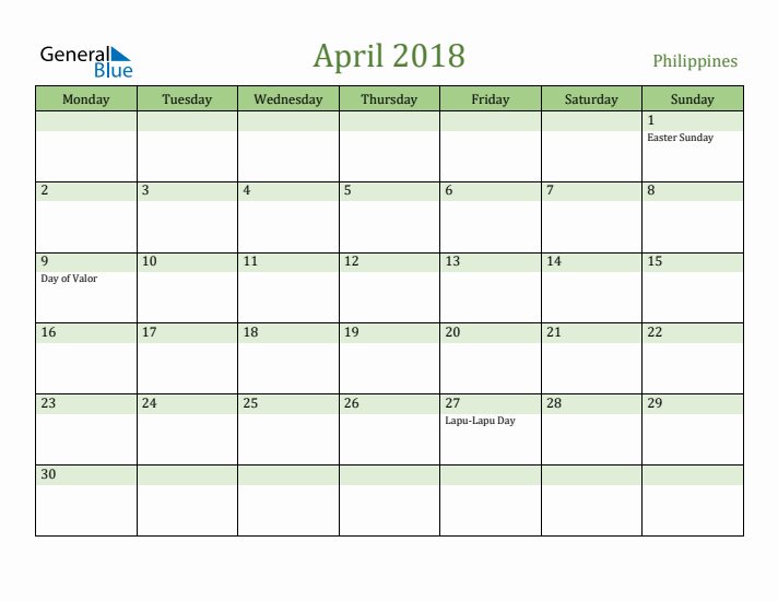April 2018 Calendar with Philippines Holidays