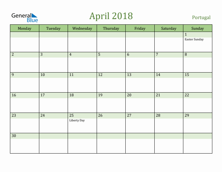 April 2018 Calendar with Portugal Holidays
