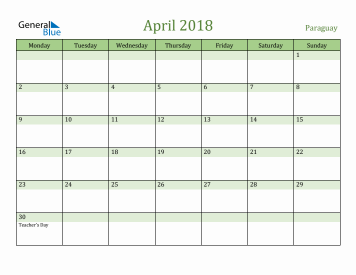 April 2018 Calendar with Paraguay Holidays