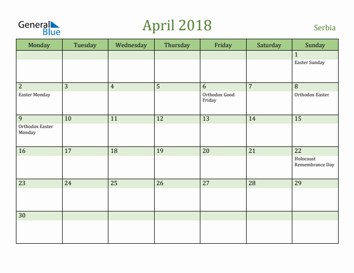 April 2018 Calendar with Serbia Holidays
