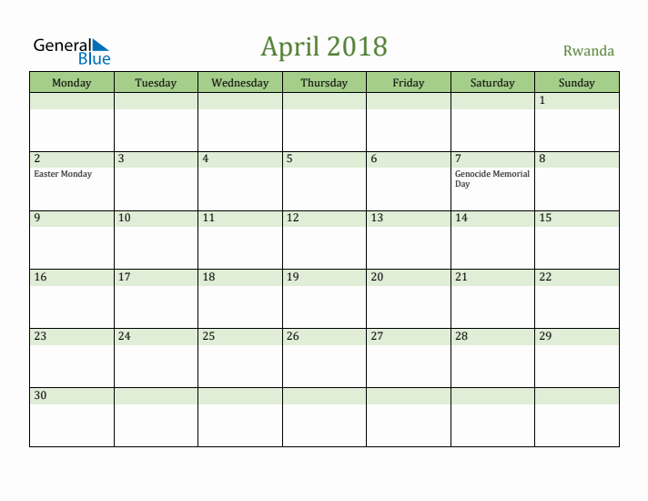 April 2018 Calendar with Rwanda Holidays