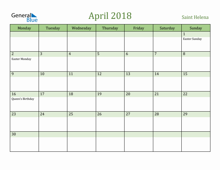 April 2018 Calendar with Saint Helena Holidays