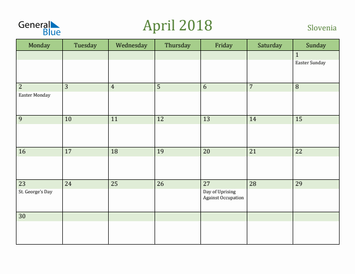 April 2018 Calendar with Slovenia Holidays