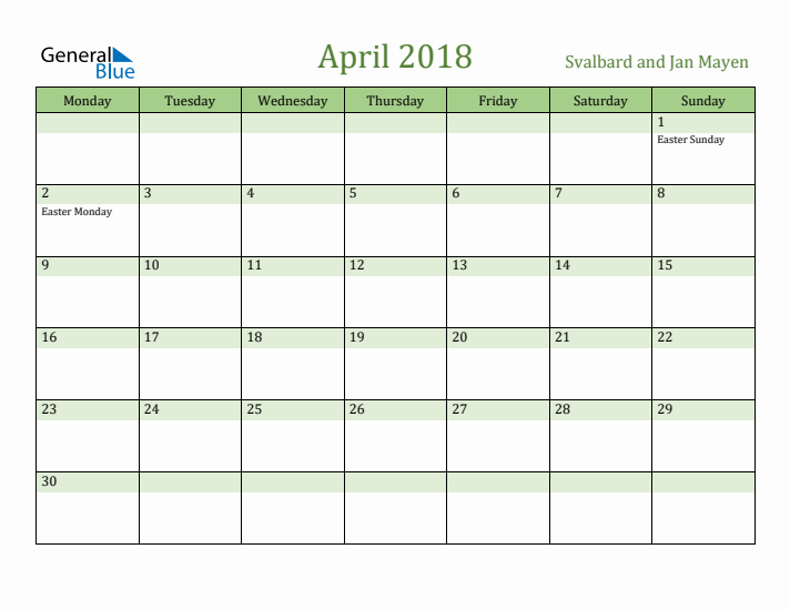 April 2018 Calendar with Svalbard and Jan Mayen Holidays