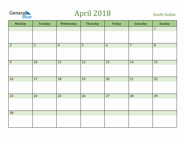 April 2018 Calendar with South Sudan Holidays