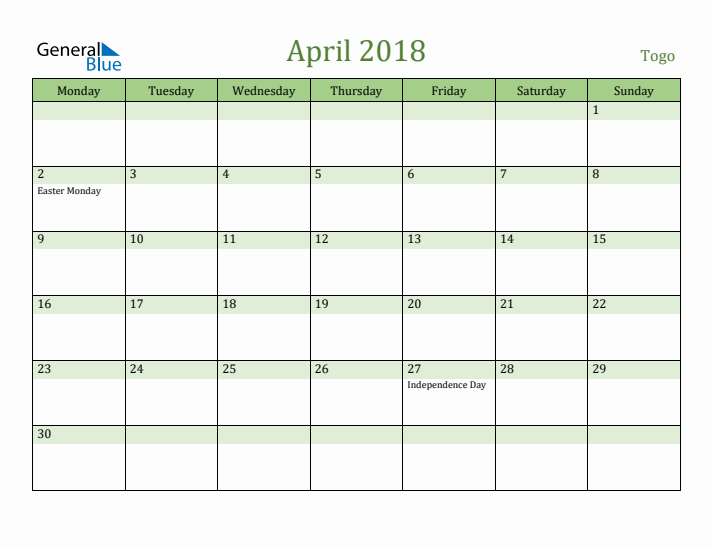 April 2018 Calendar with Togo Holidays