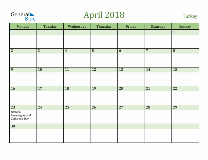 April 2018 Calendar with Turkey Holidays