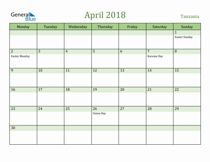 April 2018 Calendar with Tanzania Holidays