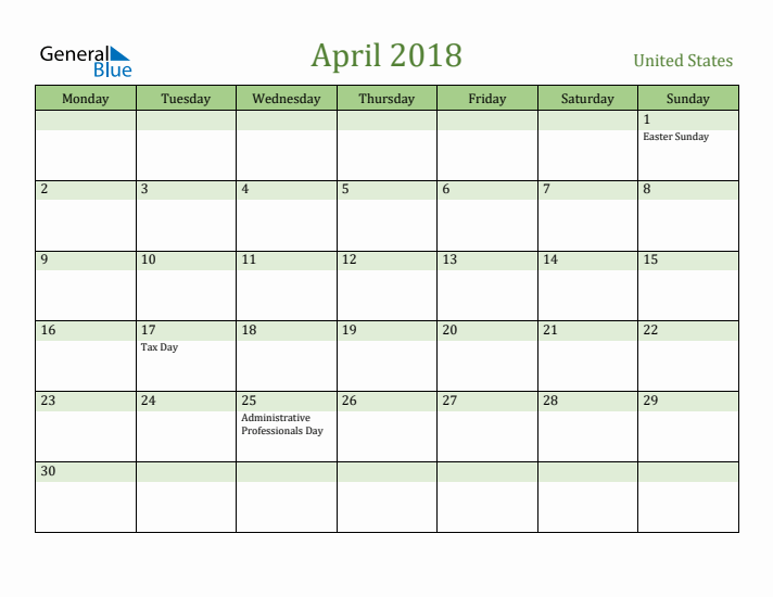 April 2018 Calendar with United States Holidays