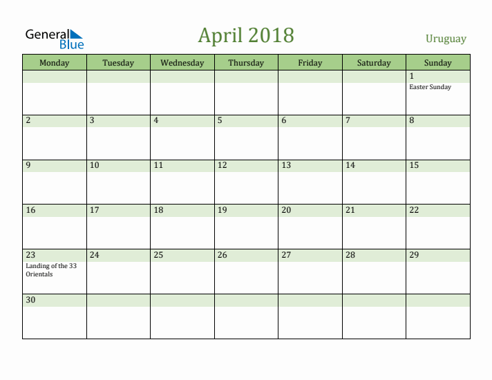 April 2018 Calendar with Uruguay Holidays