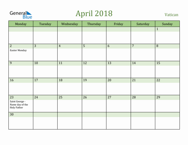 April 2018 Calendar with Vatican Holidays