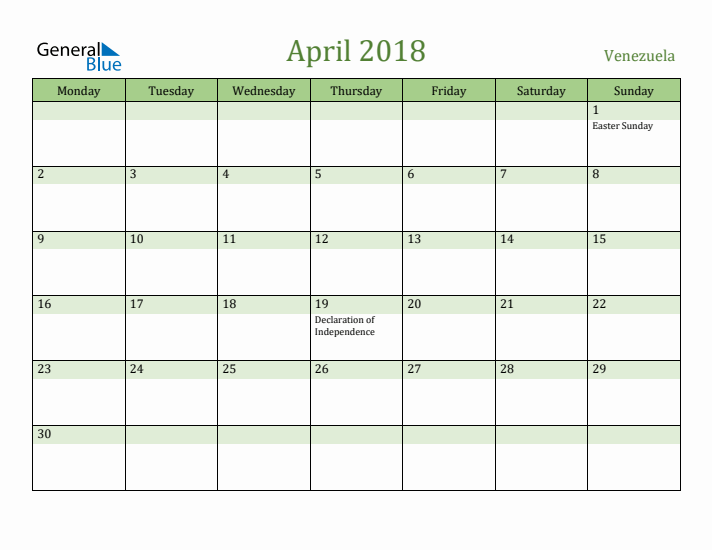 April 2018 Calendar with Venezuela Holidays