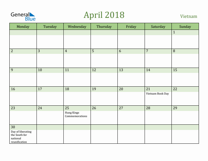 April 2018 Calendar with Vietnam Holidays