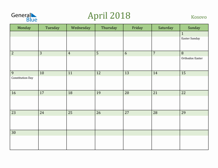 April 2018 Calendar with Kosovo Holidays