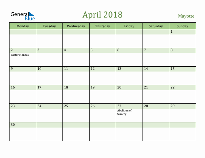 April 2018 Calendar with Mayotte Holidays