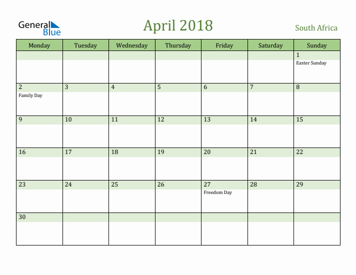 April 2018 Calendar with South Africa Holidays