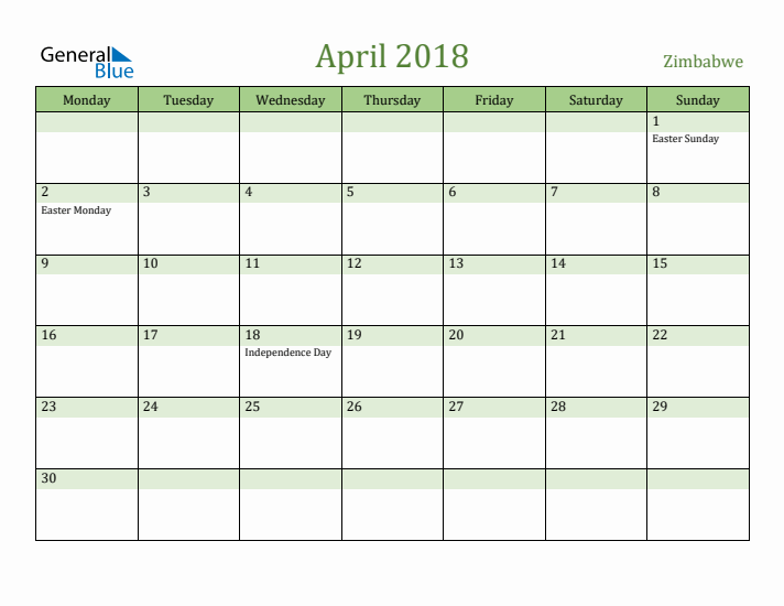 April 2018 Calendar with Zimbabwe Holidays