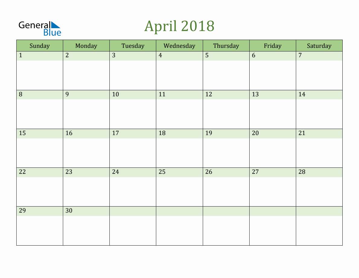 Fillable April 2018 Calendar