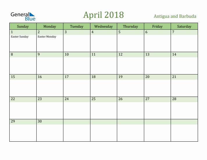 April 2018 Calendar with Antigua and Barbuda Holidays