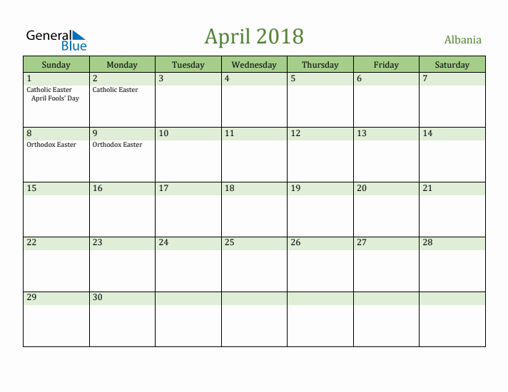 April 2018 Calendar with Albania Holidays