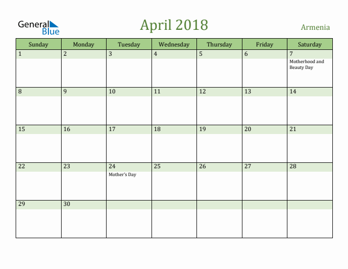April 2018 Calendar with Armenia Holidays