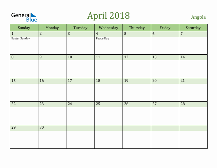 April 2018 Calendar with Angola Holidays